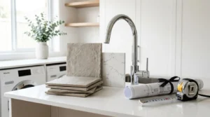Laundry room renovation planning with modern chrome faucet, quartz countertop, porcelain tile samples, countertop slab, architectural blueprints, measuring tape, and custom cabinetry