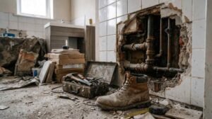 Bathroom plumbing repair during renovation with exposed pipes, broken tile wall, construction tools, and work boots