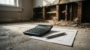 Bathroom renovation cost estimate with calculator, budget worksheet, and pen on a construction site floor featuring exposed wall framing and plumbing during a home remodeling project