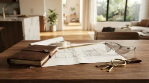Architectural floor plans with safety glasses, house keys, and a leather planner on a wooden table in a modern home construction and renovation workspace