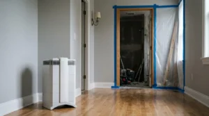 Air purifier operating in a hallway during a home renovation project with plastic dust barriers and hardwood flooring to improve indoor air quality