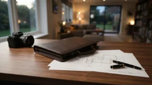 Home renovation planning documents with floor plans, a portfolio, pen, and camera arranged on a table inside a modern living space.