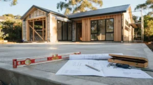 Granny flat under construction with architectural blueprints and building tools on a concrete foundation