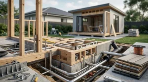 Granny flat construction with exposed plumbing, timber framing, and foundation work during a residential building project