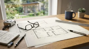 Architectural floor plan with drafting tools on a wooden desk overlooking a modern backyard granny flat