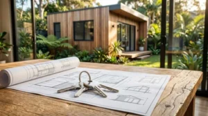 Modern backyard tiny house with wooden exterior, architectural blueprints and house keys on a rustic wooden table, symbolizing custom home design and construction