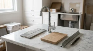 Laundry room renovation with marble countertop, chrome faucet installation, wood and tile material samples, measuring ruler, and custom cabinetry during a home remodeling project