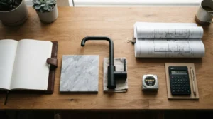 Black matte kitchen faucet with marble tile sample, blueprint plans, notebook, tape measure, and calculator arranged on a wooden desk for renovation planning