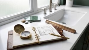 Modern bathroom vanity countertop with integrated white sink, brass compass, open planner featuring bathroom floor plan sketch, architect's pen, and tile samples in natural daylight