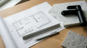 Bathroom renovation floor plan with vanity layout blueprint, matte black bathroom faucet, marble and terrazzo slab samples, architect's ruler, and mechanical pencil for modern bathroom remodeling design