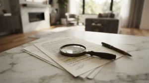 Magnifying glass and pen on signed home inspection documents on a marble countertop in a modern residential real estate and property review setting