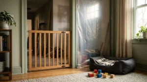 Wooden baby safety gate installed in a home doorway with pet bed and toys in a child-friendly living room