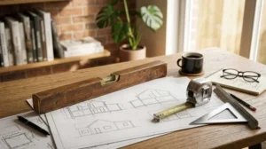 Residential home construction blueprints with measuring tools, level, tape measure, and drafting supplies on a wooden desk for house planning.
