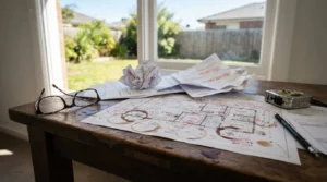 Rejected granny flat building plans with marked-up blueprints, paperwork, and measuring tools on a wooden table