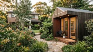 Modern backyard granny flat surrounded by landscaped garden behind a residential family home