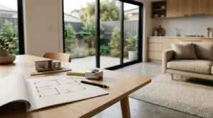 Granny flat floor plan with architectural model and measuring tape inside a modern open-plan living space