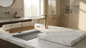 Brushed gold bathroom faucet with marble countertop sample, architectural plans, ruler, and material swatches on a bathroom vanity for renovation planning