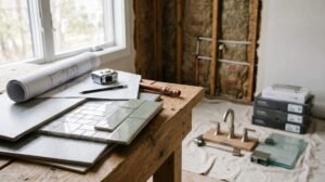 Bathroom renovation materials and design plans with tile samples, fixtures, and exposed wall framing
