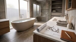 Luxury bathroom renovation with freestanding soaking tub, double vanity, walk-in glass shower, and bathroom remodeling plans on a modern countertop