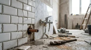 Bathroom renovation with exposed plumbing pipe, cracked subway tile wall, construction tools, and demolition work in progress during a residential bathroom remodel