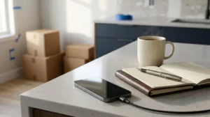 Smartphone charging on a kitchen countertop beside a coffee mug and notebook in a newly moved home
