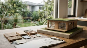Modern granny flat architectural model with material samples and design sketches on a wooden table