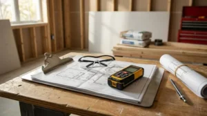 Home construction site with architectural floor plans, safety glasses, laser distance meter, and building materials prepared for a residential renovation project.