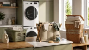 Modern laundry room with stacked front-load washer and dryer, sage green cabinets, wood countertops, laundry baskets, folded towels, and eco-friendly laundry supplies