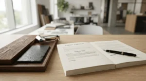 Kitchen renovation consultation workspace with faucet finish samples, wood and stone material swatches, and a project agreement on a wooden table