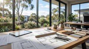 Modern granny flat architectural plans with design materials and drafting tools in a contemporary home office