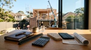Home extension planning workspace with blueprints, calculator, building materials, and a construction site visible through large windows.