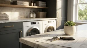 Luxury laundry room featuring marble countertops, charcoal gray cabinets, front-load washer and dryer, open shelving, architectural floor plans, and house keys on a modern countertop