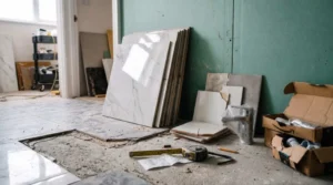 Bathroom renovation site with large porcelain tile slabs, plumbing fixtures, construction materials, measuring tape, and subfloor preparation during a modern bathroom remodeling project