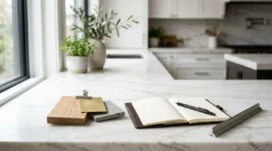 Kitchen renovation planning with quartz countertop, wood and stone material samples, metal finish swatches, notebook, ruler, and design tools in a modern white kitchen