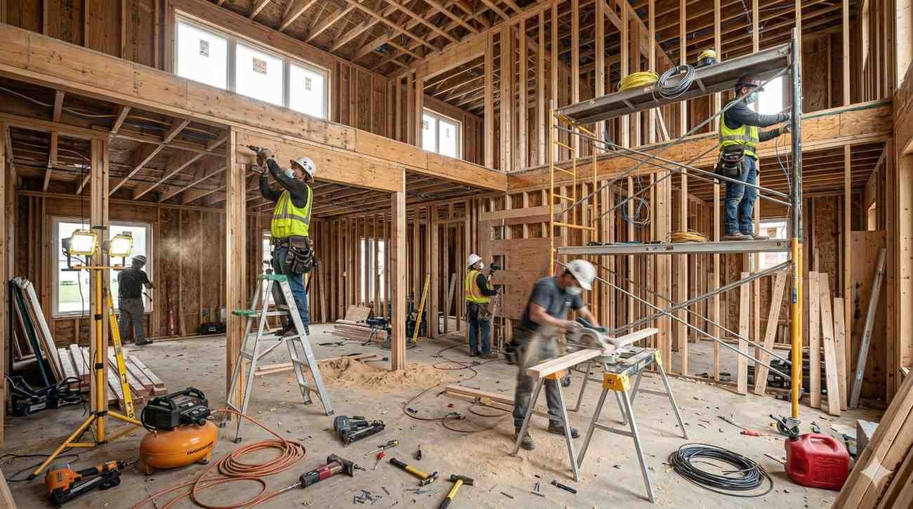 Builders working inside house during framing and installation stage