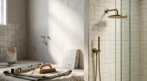 Shower installation in progress featuring brushed brass round rain shower head, handheld wand, basketweave white subway tile wall, frameless glass screen, spirit level, grout sponge, and terrazzo tile samples.