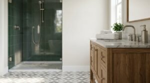 Modern transitional bathroom featuring a natural oak wood vanity with a marble countertop, brushed nickel gooseneck faucet, geometric grey-and-white patterned floor tiles, and a walk-in shower with emerald green subway tiles.