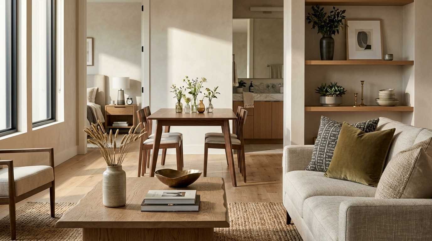 Contemporary home interior demonstrating the three five seven styling rule through balanced groupings of décor on a coffee table, shelving, sofa, and dining table.