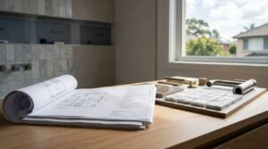 Architectural floor plan blueprints resting on a light oak vanity next to a material mood board featuring square white marble mosaic tiles, brass handles, and a brushed nickel mixer faucet in a bathroom renovation setting.