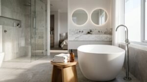 Spacious open ensuite bathroom featuring a freestanding oval soaking tub with floor-mounted brushed chrome tapware, a wooden stool with towels, double floating vanity with backlit round mirrors, and a walk-in glass shower leading into a primary bedroom.