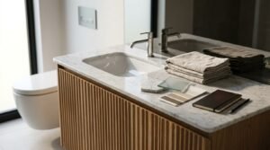 Modern bathroom vanity with a fluted timber base, white marble countertop, undermount sink, and chrome mixer faucet, displaying folded linen towels, material swatches, and a design notebook.
