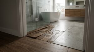 Severe water damage causing warped, buckled wood floorboards with a wet footprint outside a frameless glass shower enclosure next to grey floor tiles in a modern bathroom.