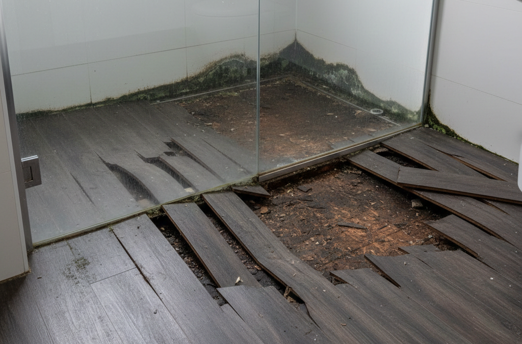 Damaged bathroom flooring caused by moisture, showing why timber and laminate floors fail in bathrooms