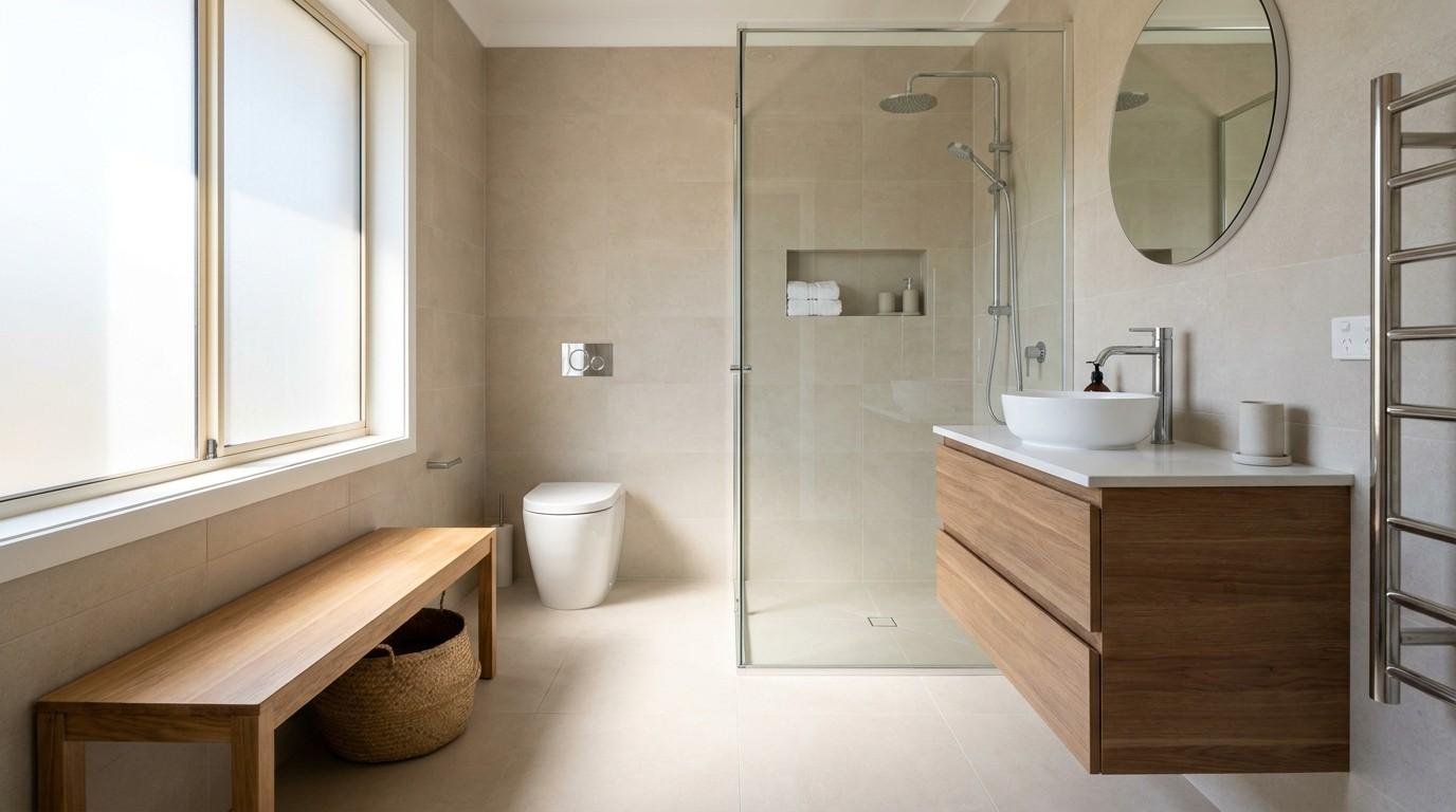Modern Australian bathroom renovation featuring a frameless glass shower, floating timber vanity with vessel basin, wall-hung toilet, round mirror, heated towel rail, built-in shower niche, and large-format neutral tiles, showcasing a contemporary mid-to-high-end bathroom design.