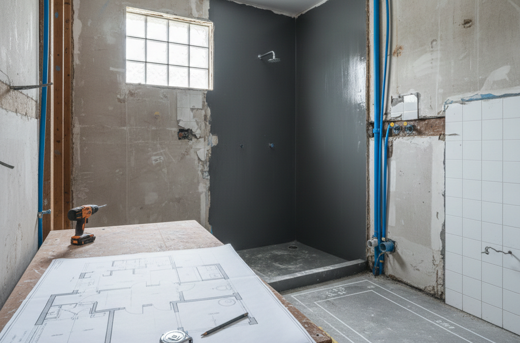 Bathroom renovation layout planning in Sydney showing floor plans, exposed plumbing, and marked fixture positions before construction.
