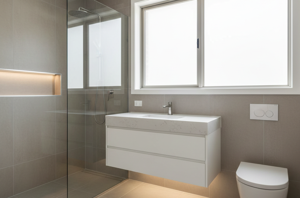Modern bathroom renovation with floating vanity, frameless shower, and neutral tiles adding property value