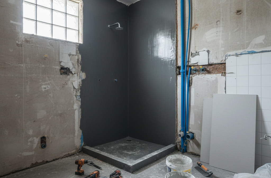 Bathroom renovation in Sydney showing exposed plumbing, removed tiles, and waterproofing membrane, illustrating common renovation mistakes that cause budget blowouts.