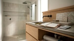 Bathroom renovation cost planning setup on a concrete vanity counter featuring an open budget notebook, calculator, brass measuring tape, tile swatches, and a matte black wall-mounted faucet beside a walk-in shower.