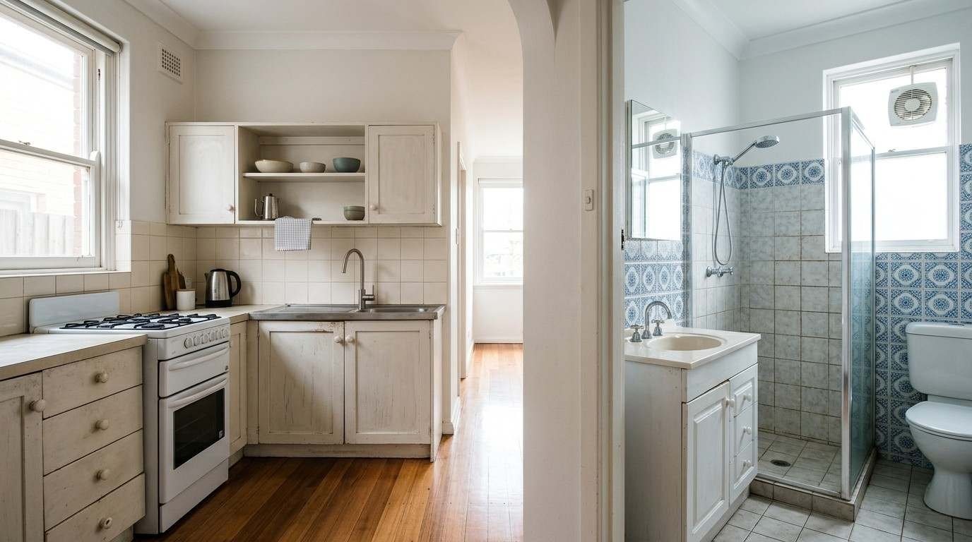 Functional but dated Sydney kitchen and bathroom with targeted cosmetic updates, illustrating how condition, functionality and maintenance can influence property appraisal value.