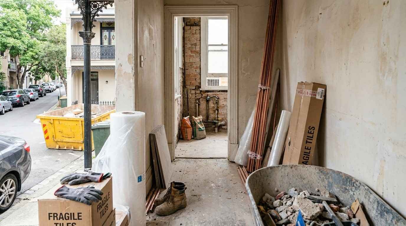 Older Sydney home undergoing bathroom renovation with exposed brickwork, ageing plumbing, renovation materials, demolition debris, construction tools, and a skip bin outside, illustrating the structural and logistical challenges of renovating older properties.